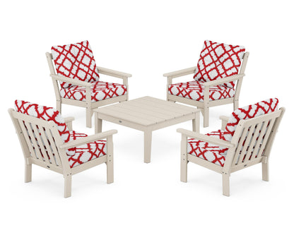 POLYWOOD® Vineyard 5-Piece Deep Seating Conversation Set in Sand / Trellis Crimson
