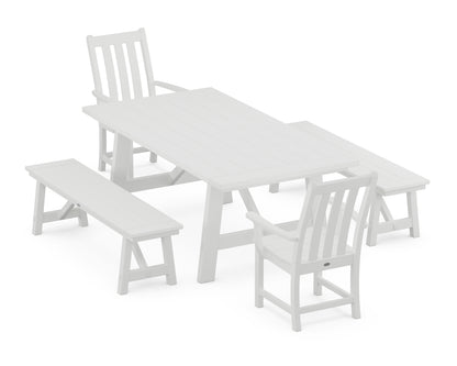 POLYWOOD® Vineyard 5-Piece Rustic Farmhouse Dining Set With Benches in White