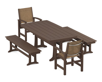 POLYWOOD® Coastal 5-Piece Dining Set with Trestle Legs and Benches in Mahogany / Burlap Sling