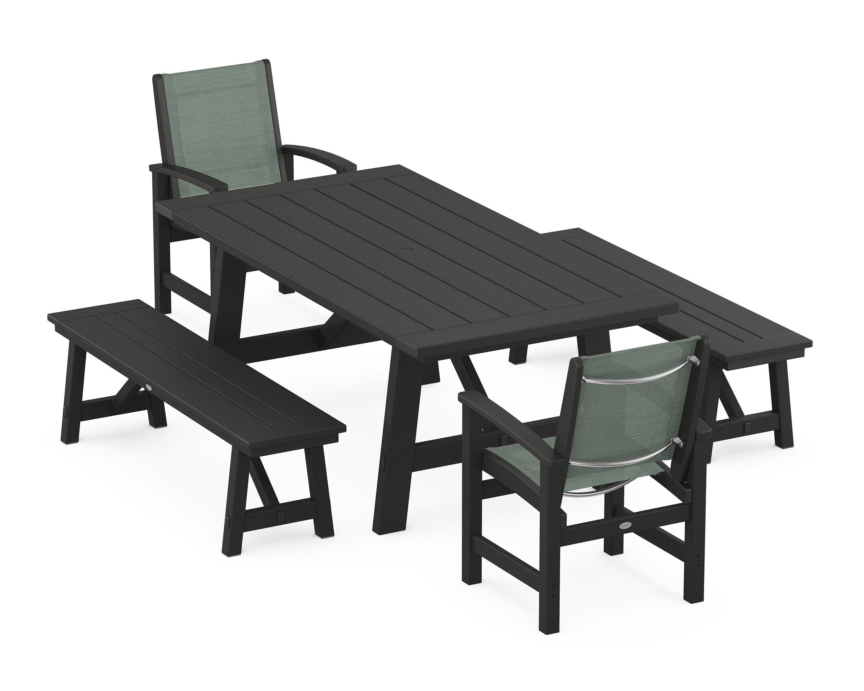 POLYWOOD® Coastal 5-Piece Rustic Farmhouse Dining Set With Benches in Black / Dupioni Sea Mist Sling
