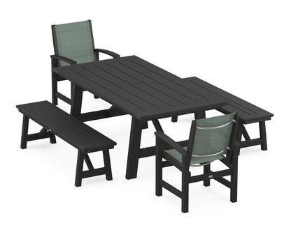 POLYWOOD® Coastal 5-Piece Rustic Farmhouse Dining Set With Benches in Black / Dupioni Sea Mist Sling