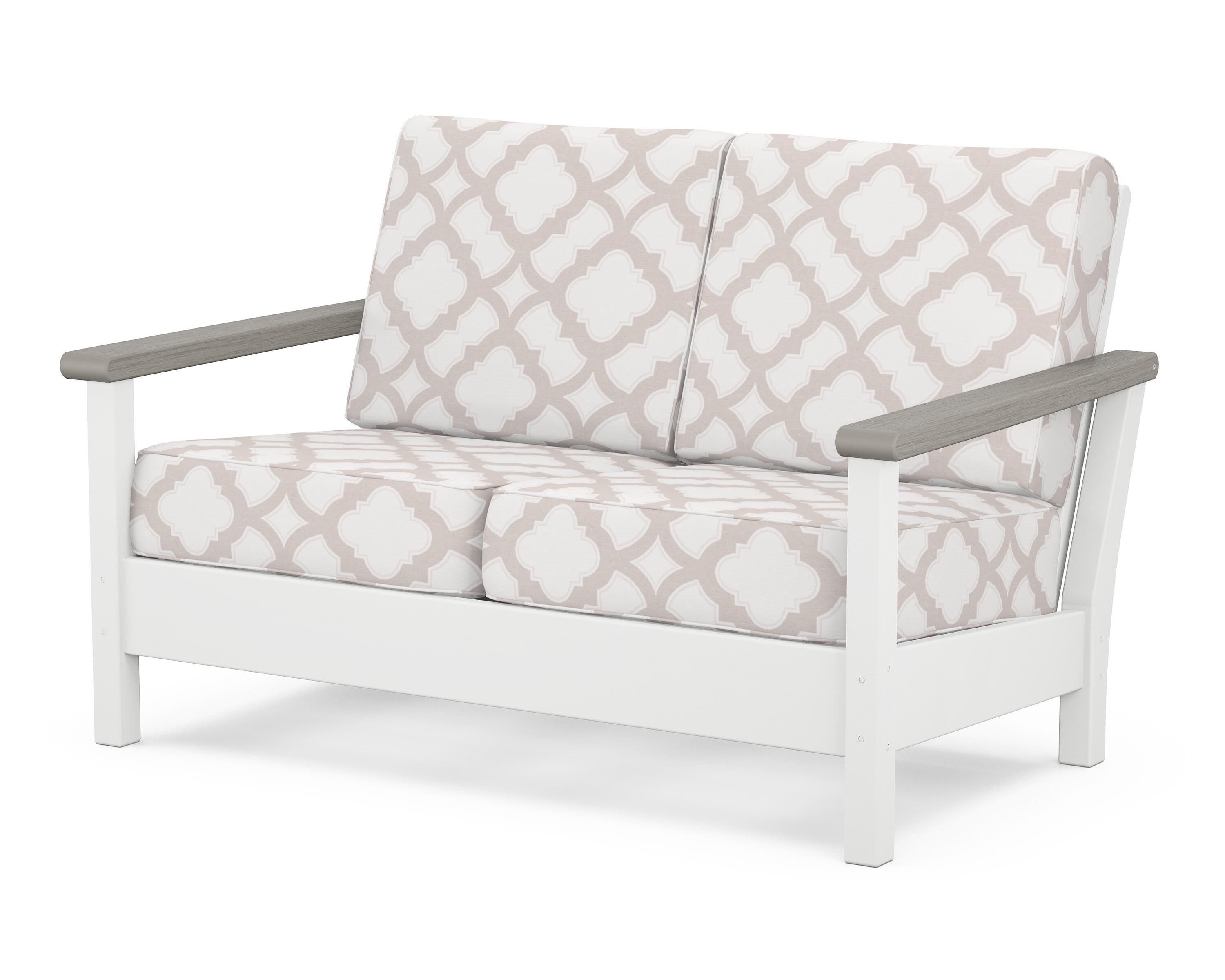 POLYWOOD® Harbour Deep Seating Loveseat in White / Driftwood / Trellis Dune Burlap