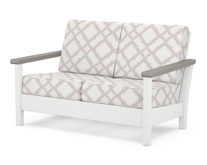 POLYWOOD® Harbour Deep Seating Loveseat in White / Driftwood / Trellis Dune Burlap