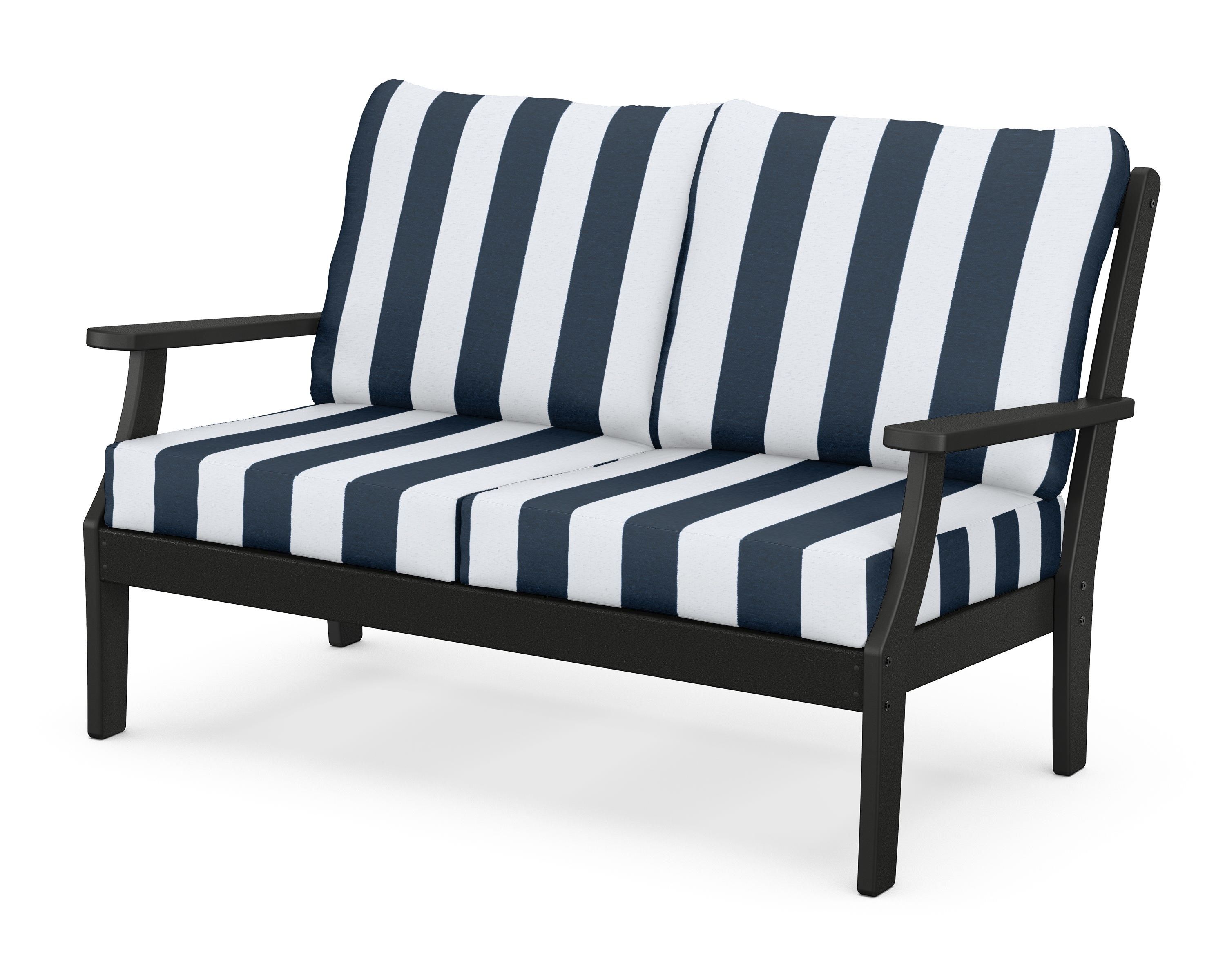 POLYWOOD® Braxton Deep Seating Loveseat in Black / Cabana Stripe Marine Indigo