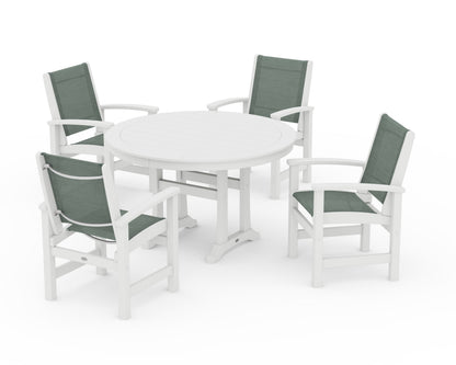 POLYWOOD® Coastal 5-Piece Round Dining Set with Trestle Legs in White / Dupioni Sea Mist Sling