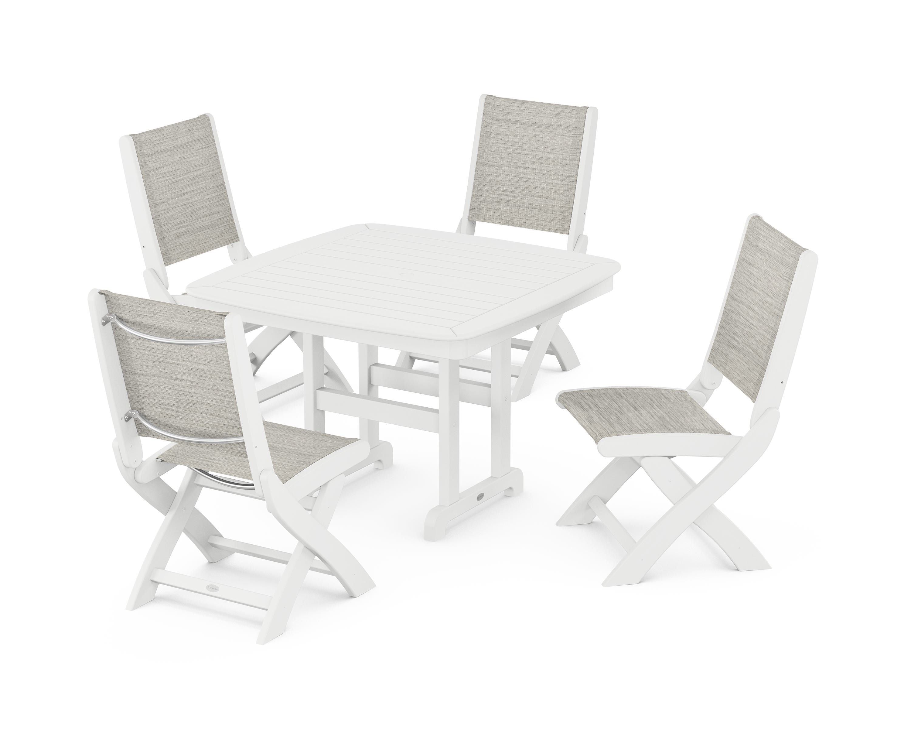 POLYWOOD® Coastal Folding Side Chair 5-Piece Dining Set in White / Birch Sling
