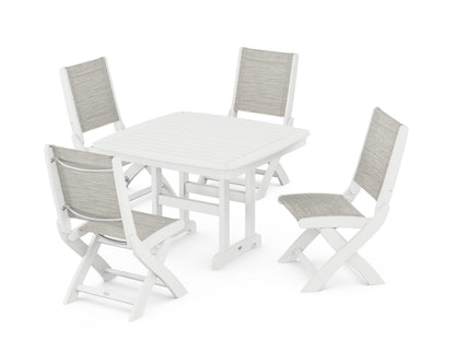 POLYWOOD® Coastal Folding Side Chair 5-Piece Dining Set in White / Birch Sling