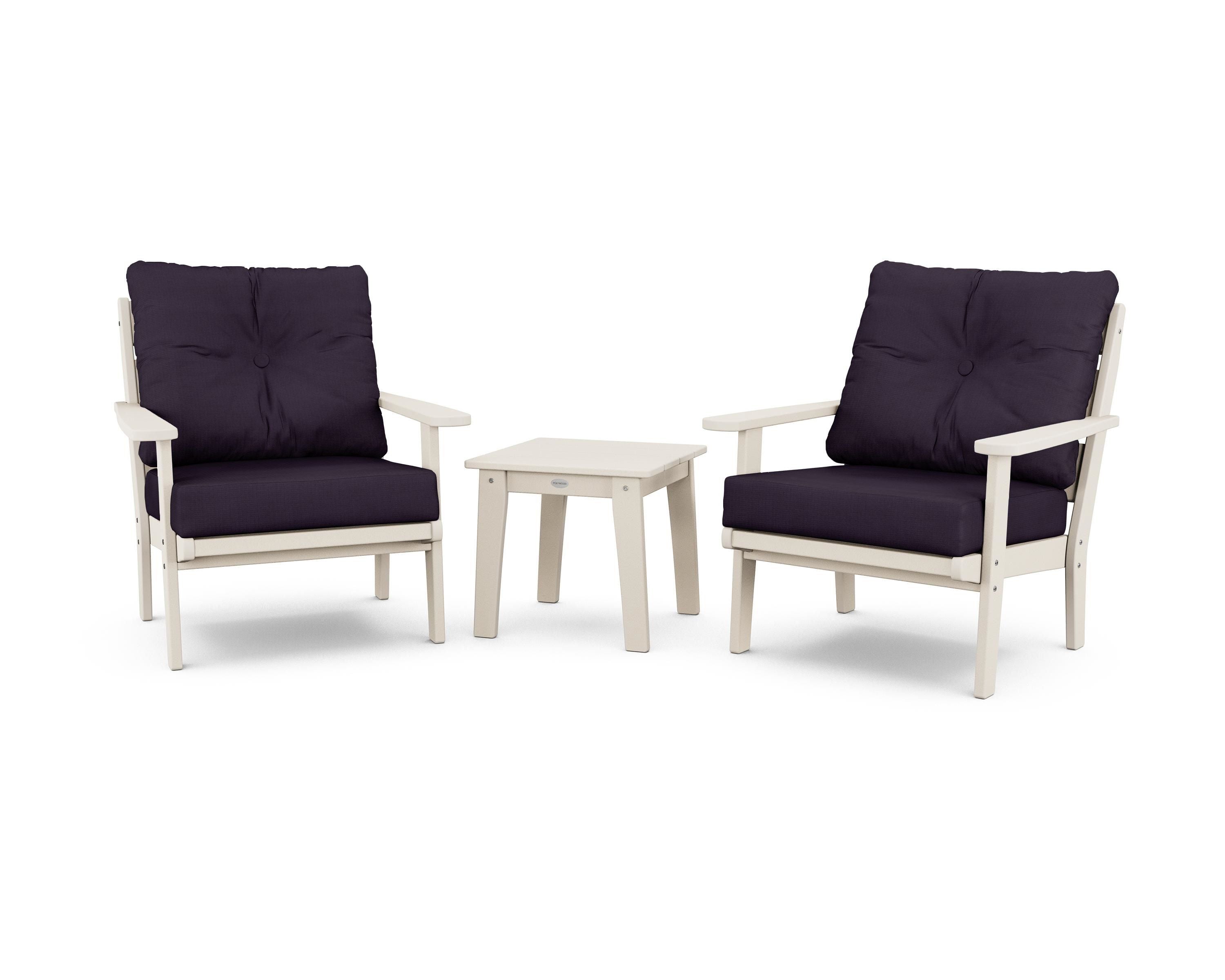 POLYWOOD® Lakeside 3-Piece Deep Seating Chair Set in Sand / Navy Linen