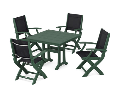 POLYWOOD® Coastal Folding Chair 5-Piece Farmhouse Dining Set With Trestle Legs in Green / Black Sling