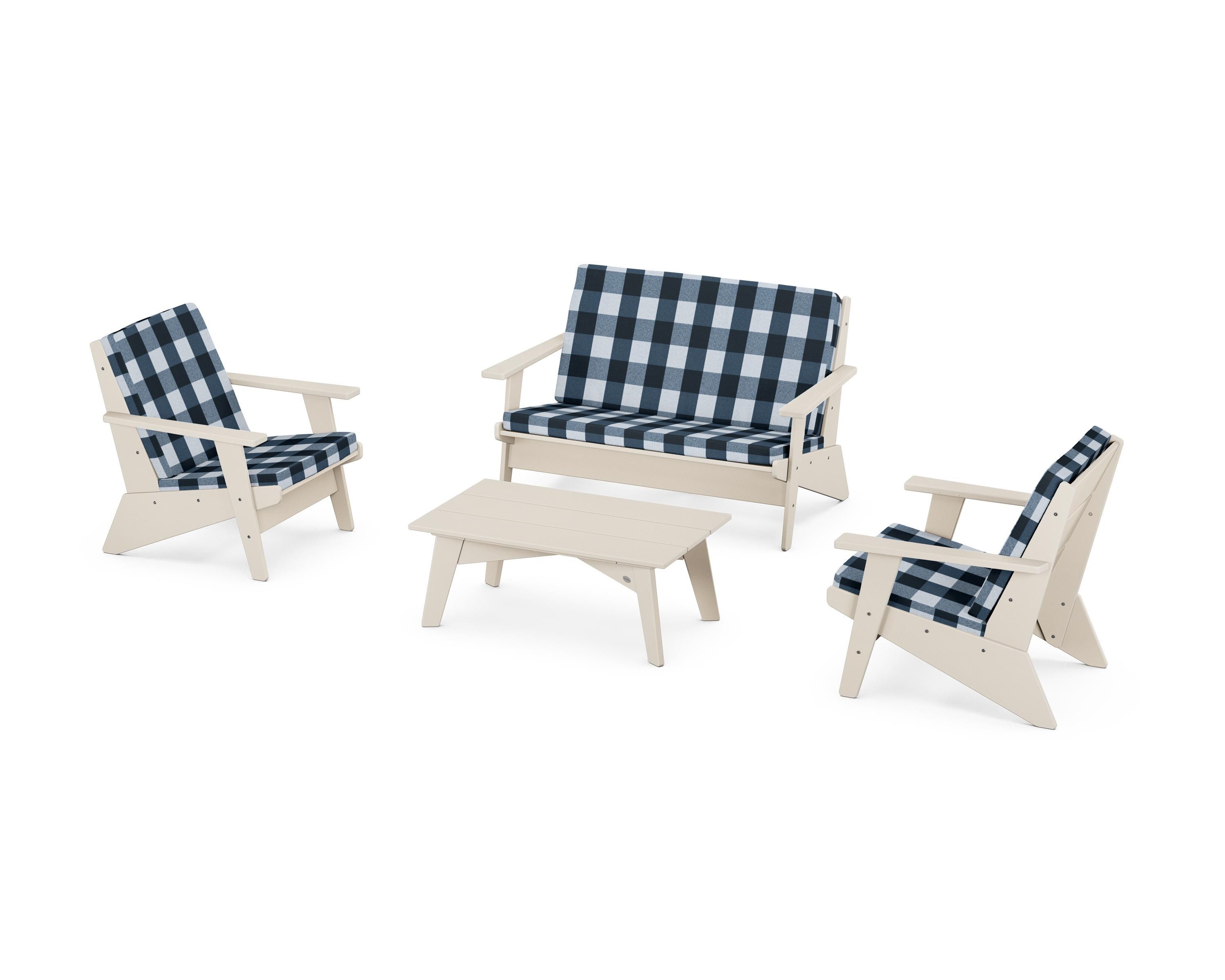 POLYWOOD® Riviera Modern Lounge 4-Piece Set in Sand / Buffalo Plaid Marine Indigo