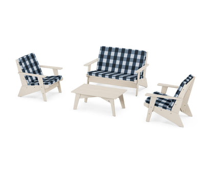 POLYWOOD® Riviera Modern Lounge 4-Piece Set in Sand / Buffalo Plaid Marine Indigo