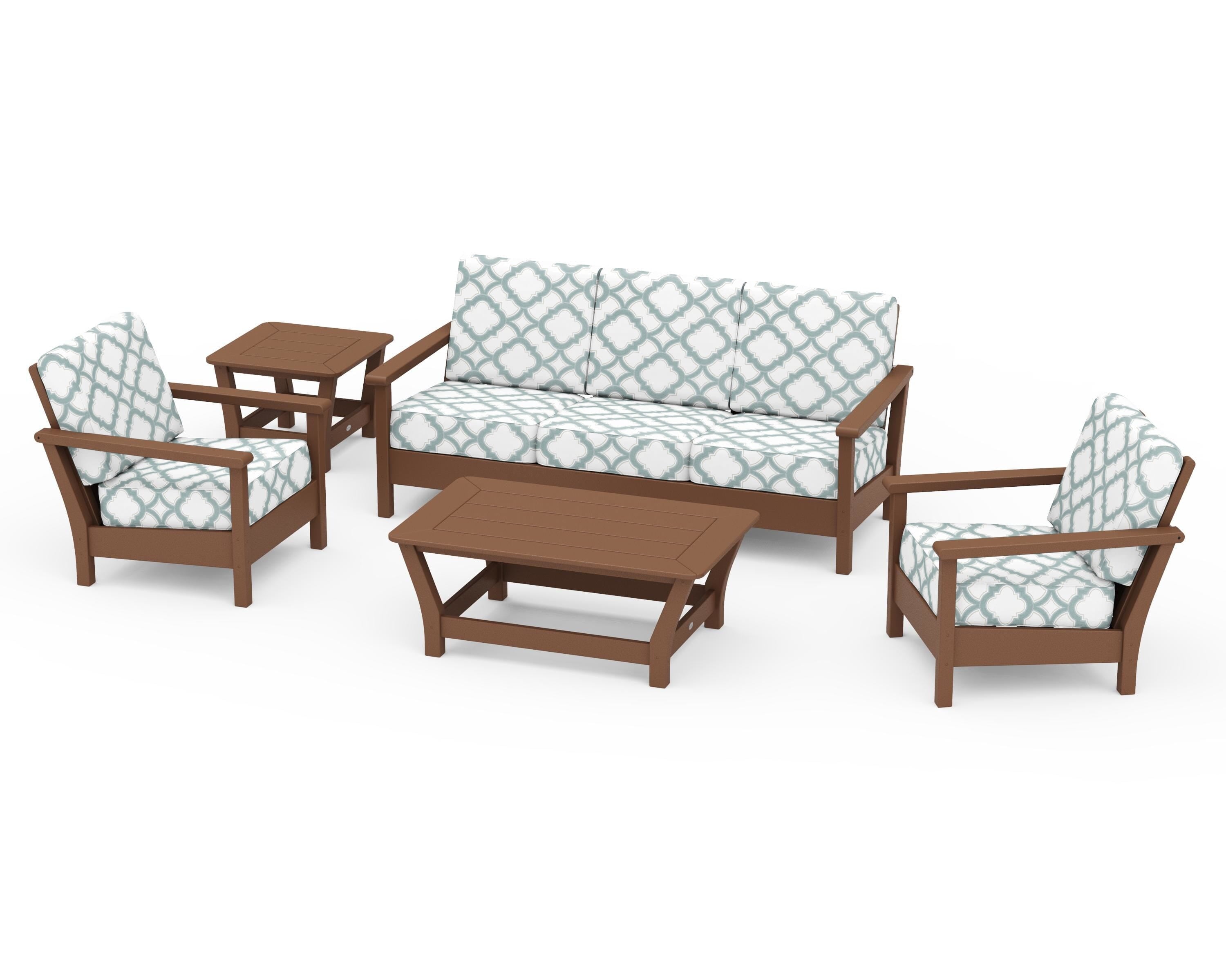 POLYWOOD® Harbour 5-Piece Deep Seating Set in Teak / Trellis Glacier Spa