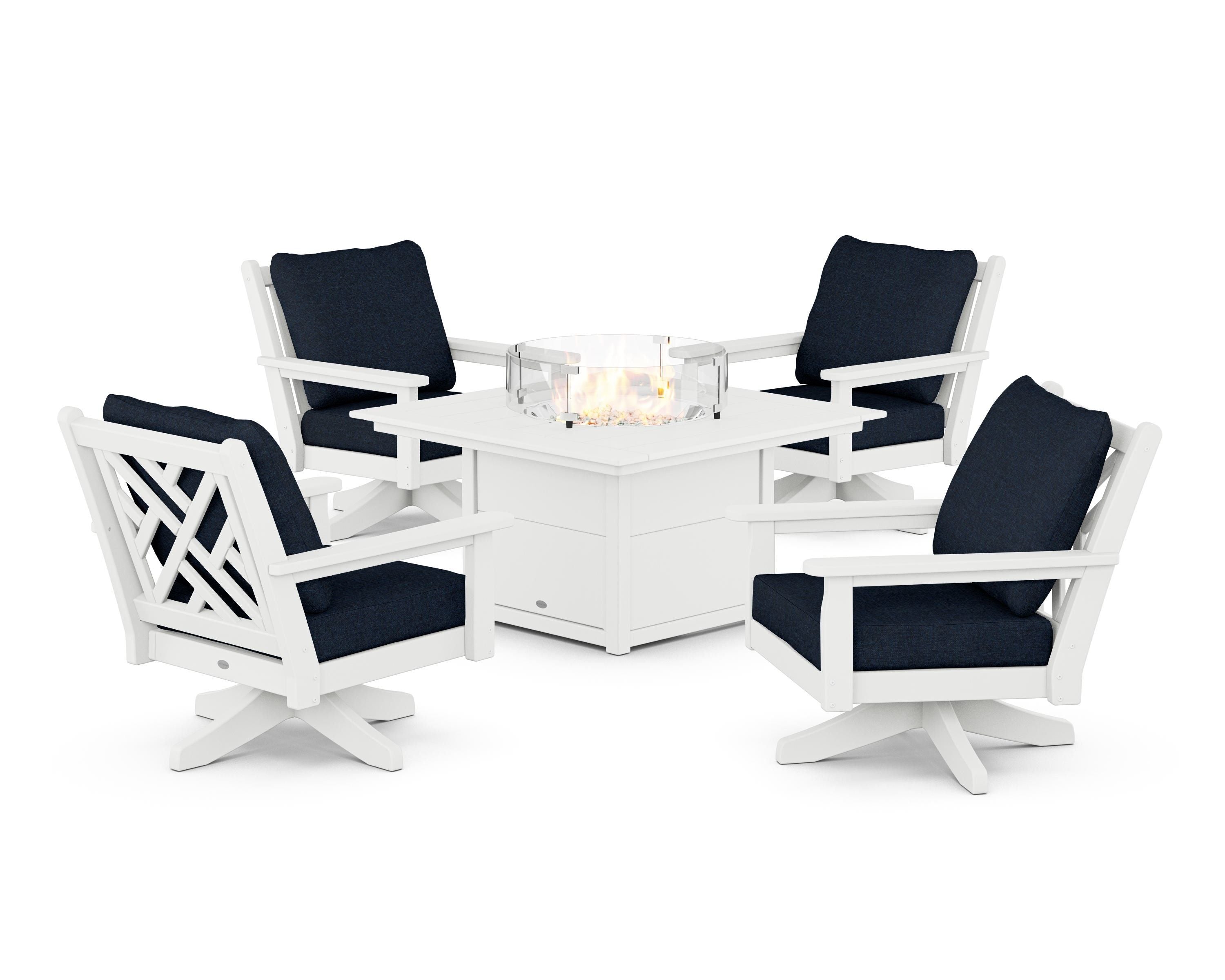 POLYWOOD® Chippendale 5-Piece Deep Seating Swivel Conversation Set with Fire Pit Table in White / Marine Indigo