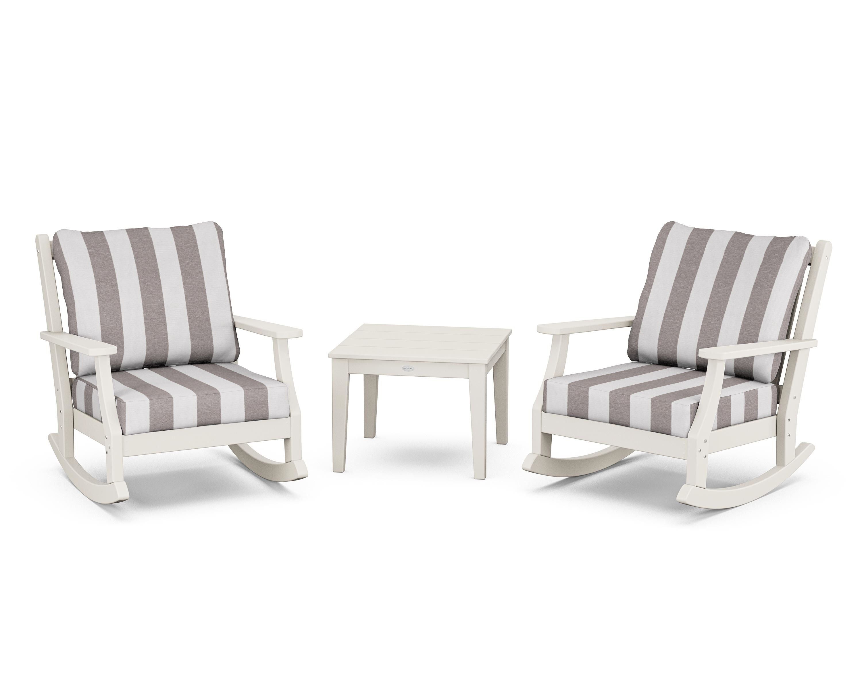Country Living Wovendale 3-Piece Deep Seating Rocker Set in Sand / Cabana Stripe Grey Mist