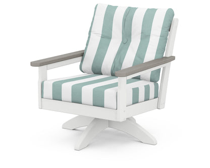 POLYWOOD® Vineyard Deep Seating Swivel Chair in White / Driftwood / Cabana Stripe Glacier Spa