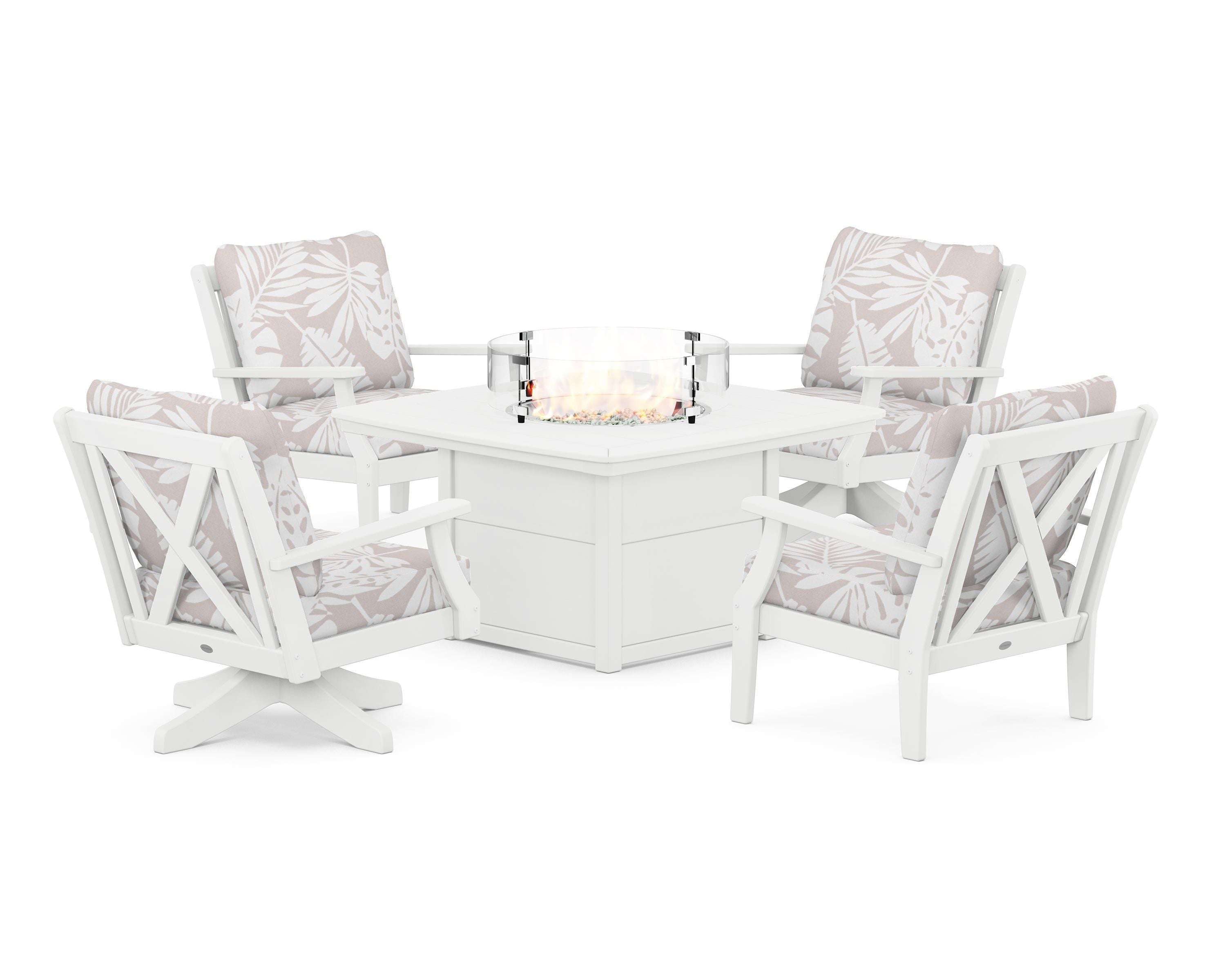 POLYWOOD® Braxton 5-Piece Deep Seating Set with Fire Table in White / Leaf Dune Burlap
