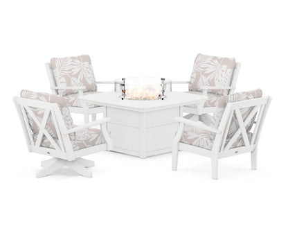 POLYWOOD® Braxton 5-Piece Deep Seating Set with Fire Table in White / Leaf Dune Burlap