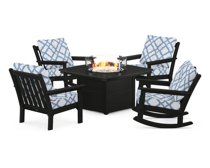 POLYWOOD® Vineyard 5-Piece Deep Seating Rocking Chair Conversation Set with Fire Pit Table in Black / Trellis Sky Blue