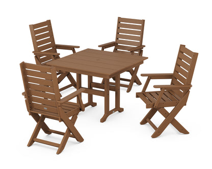 POLYWOOD® Captain Folding Chair 5-Piece Farmhouse Dining Set in Teak