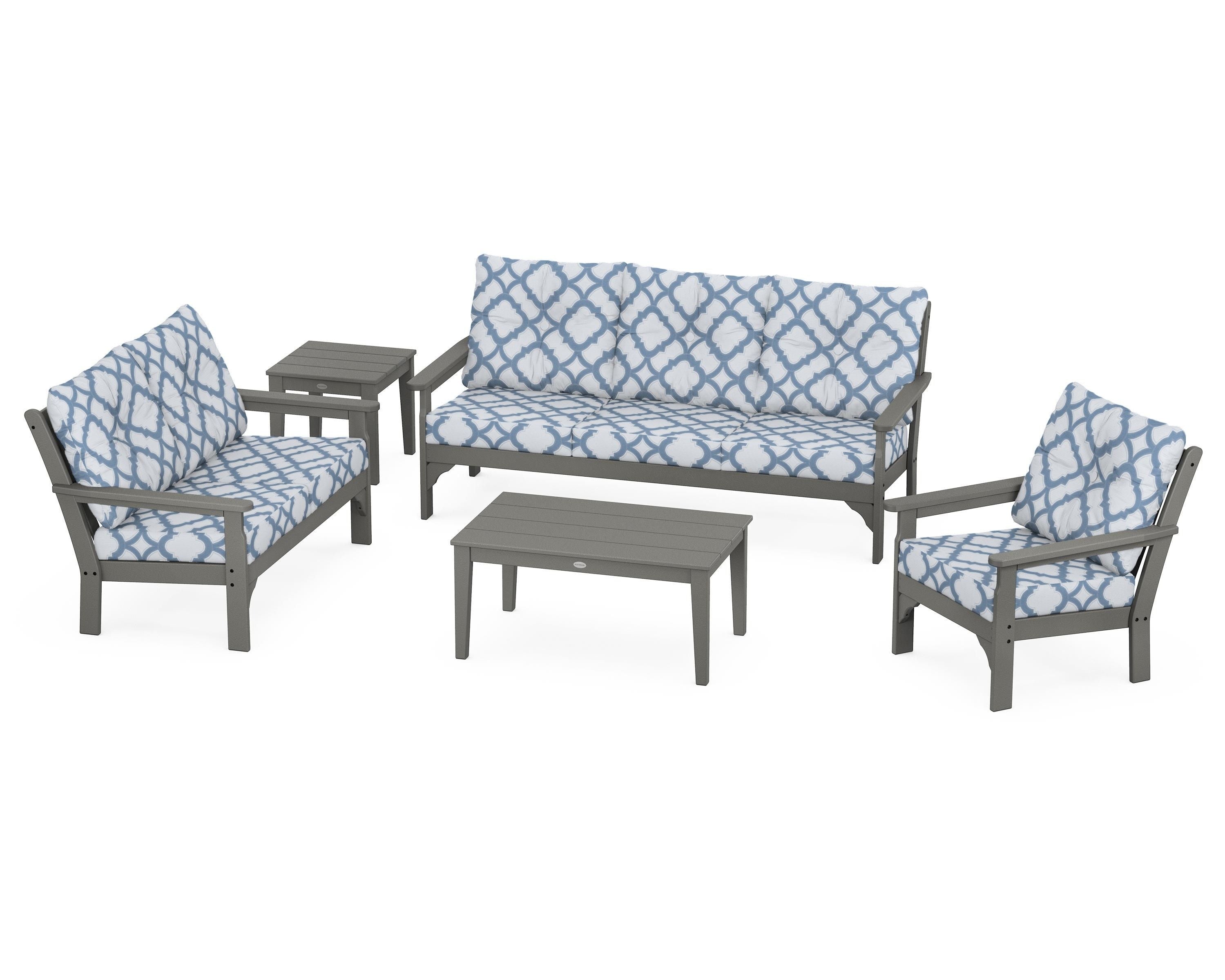 POLYWOOD® Vineyard 5 Piece Deep Seating Set in Slate Grey / Trellis Sky Blue