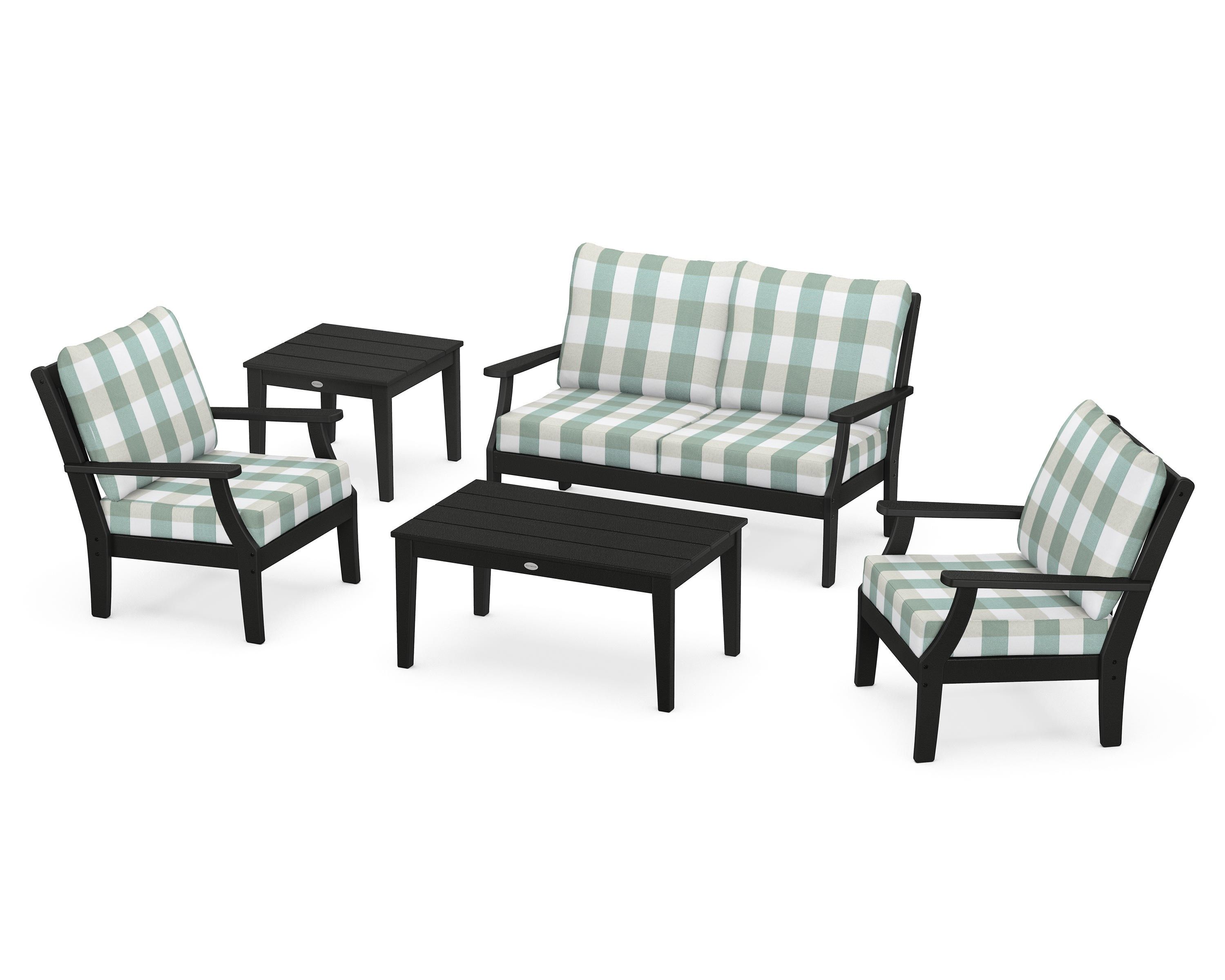 POLYWOOD® Braxton 5-Piece Deep Seating Set in Black / Buffalo Plaid Glacier Spa