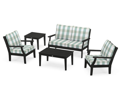 POLYWOOD® Braxton 5-Piece Deep Seating Set in Black / Buffalo Plaid Glacier Spa