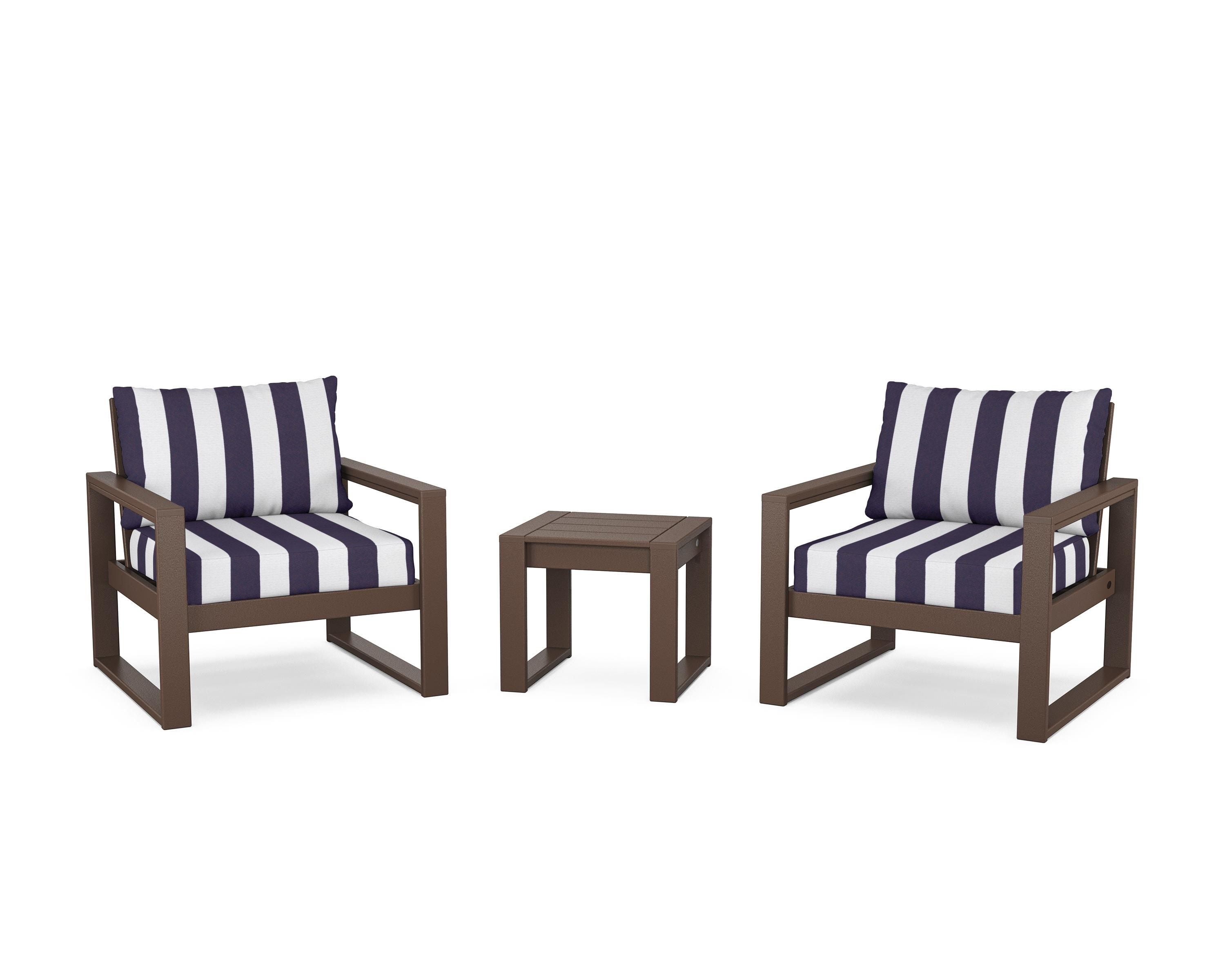 POLYWOOD® EDGE Sectional 3-Piece Deep Seating Set in Mahogany / Cabana Stripe Navy