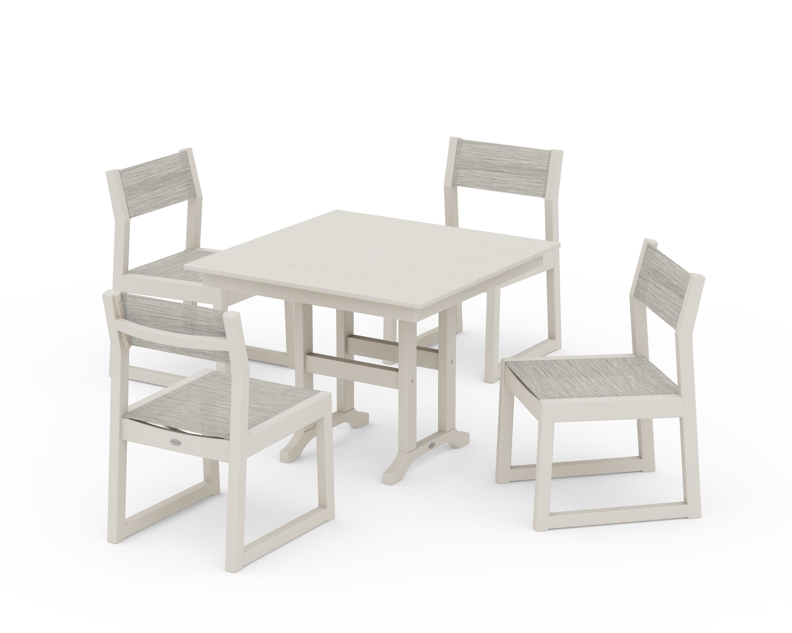 POLYWOOD® EDGE Sling Side Chair 5-Piece Farmhouse Dining Set in Sand / Birch Sling