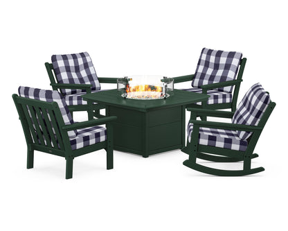 POLYWOOD® Vineyard 5-Piece Deep Seating Rocking Chair Conversation Set with Fire Pit Table in Green / Buffalo Plaid Navy