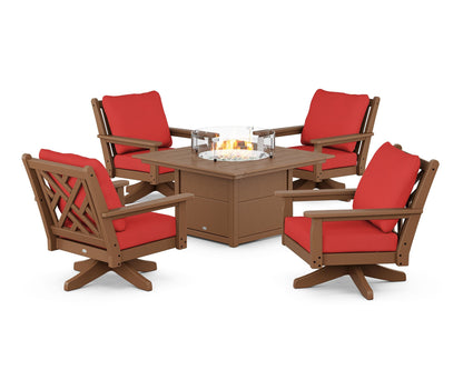 POLYWOOD® Chippendale 5-Piece Deep Seating Swivel Conversation Set with Fire Pit Table in Teak / Crimson Linen