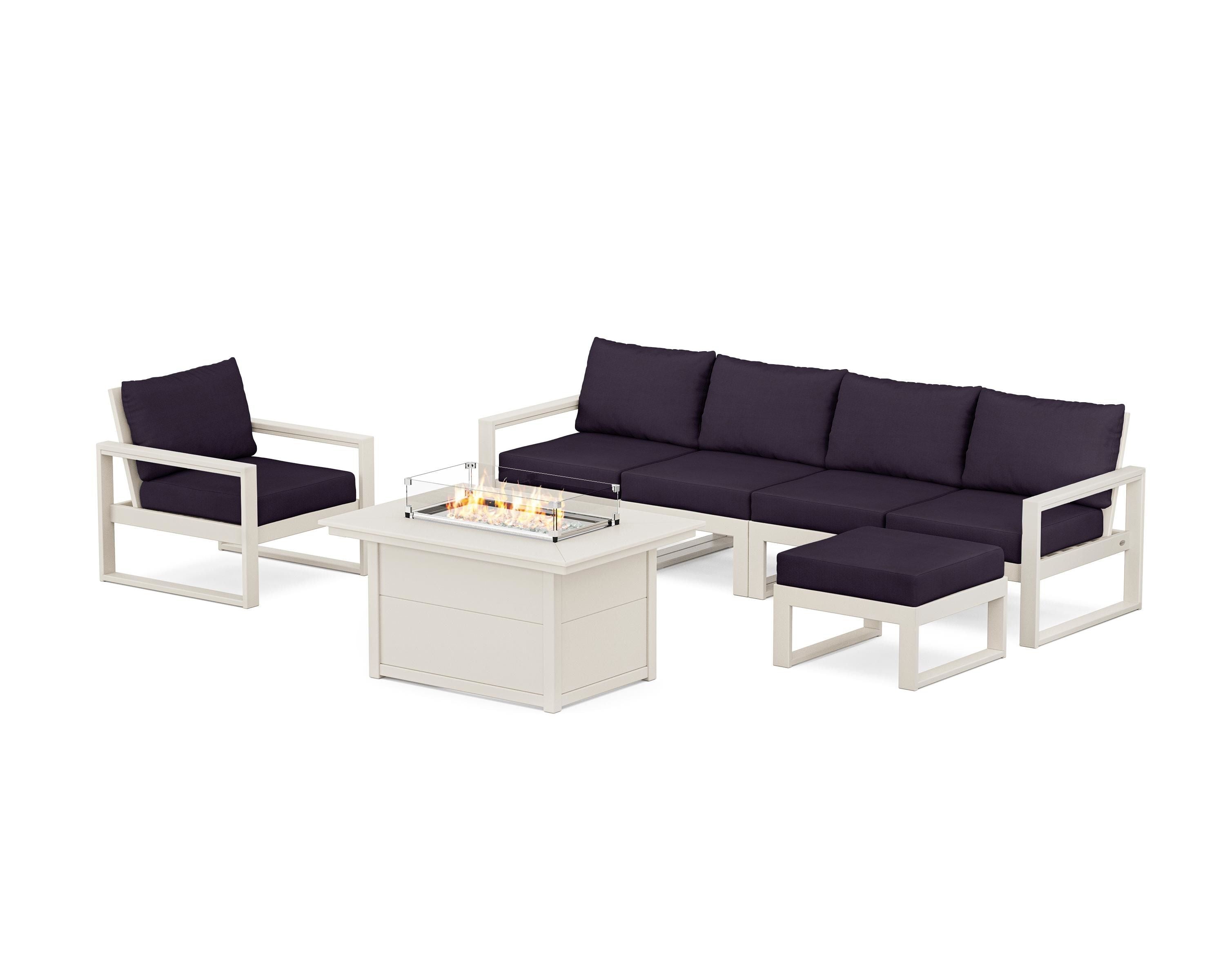 POLYWOOD® EDGE Sectional Lounge and Fire Pit Set in Sand / Navy Linen