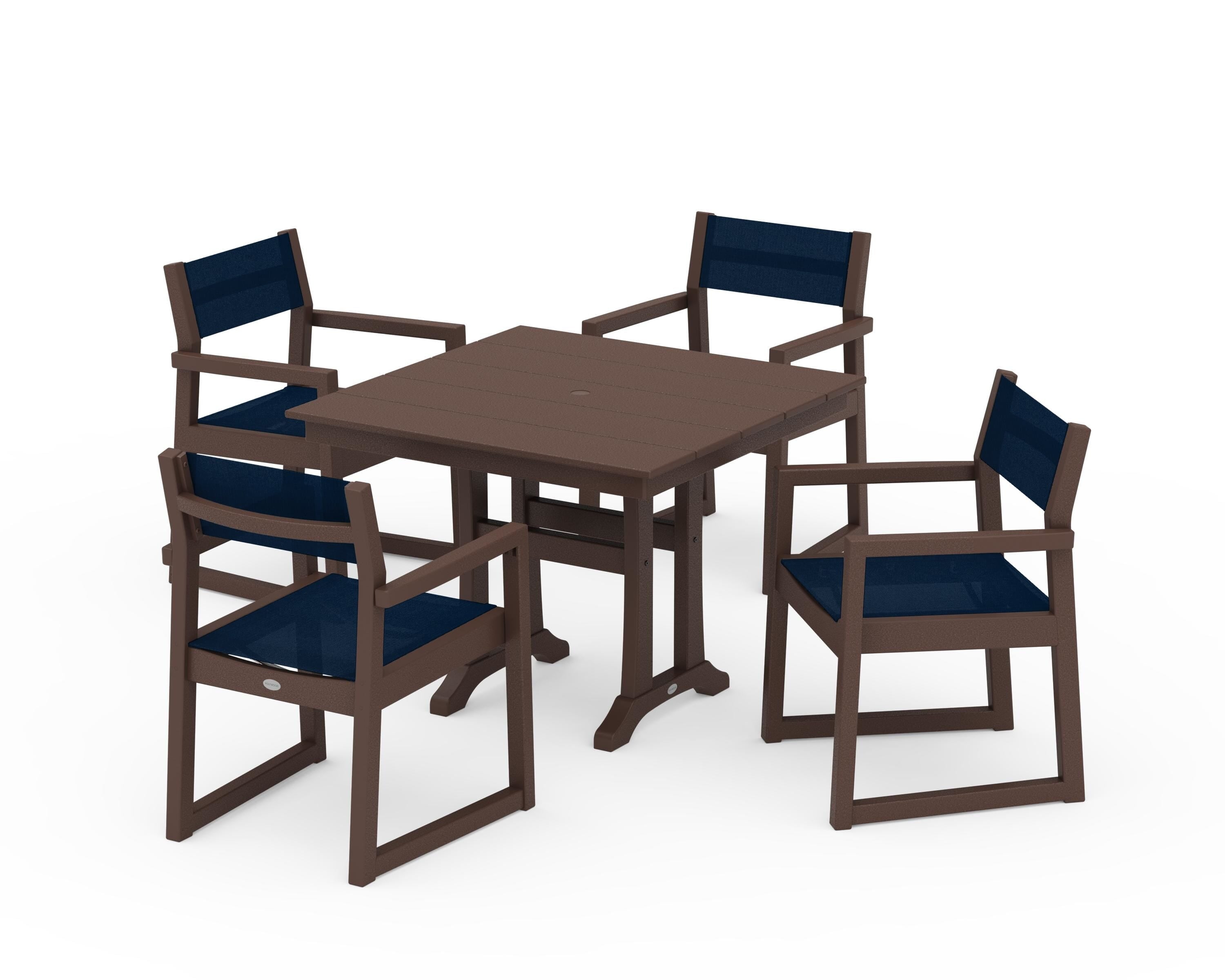 POLYWOOD® EDGE Sling 5-Piece Farmhouse Dining Set with Trestle Legs in Mahogany / Navy Blue Sling