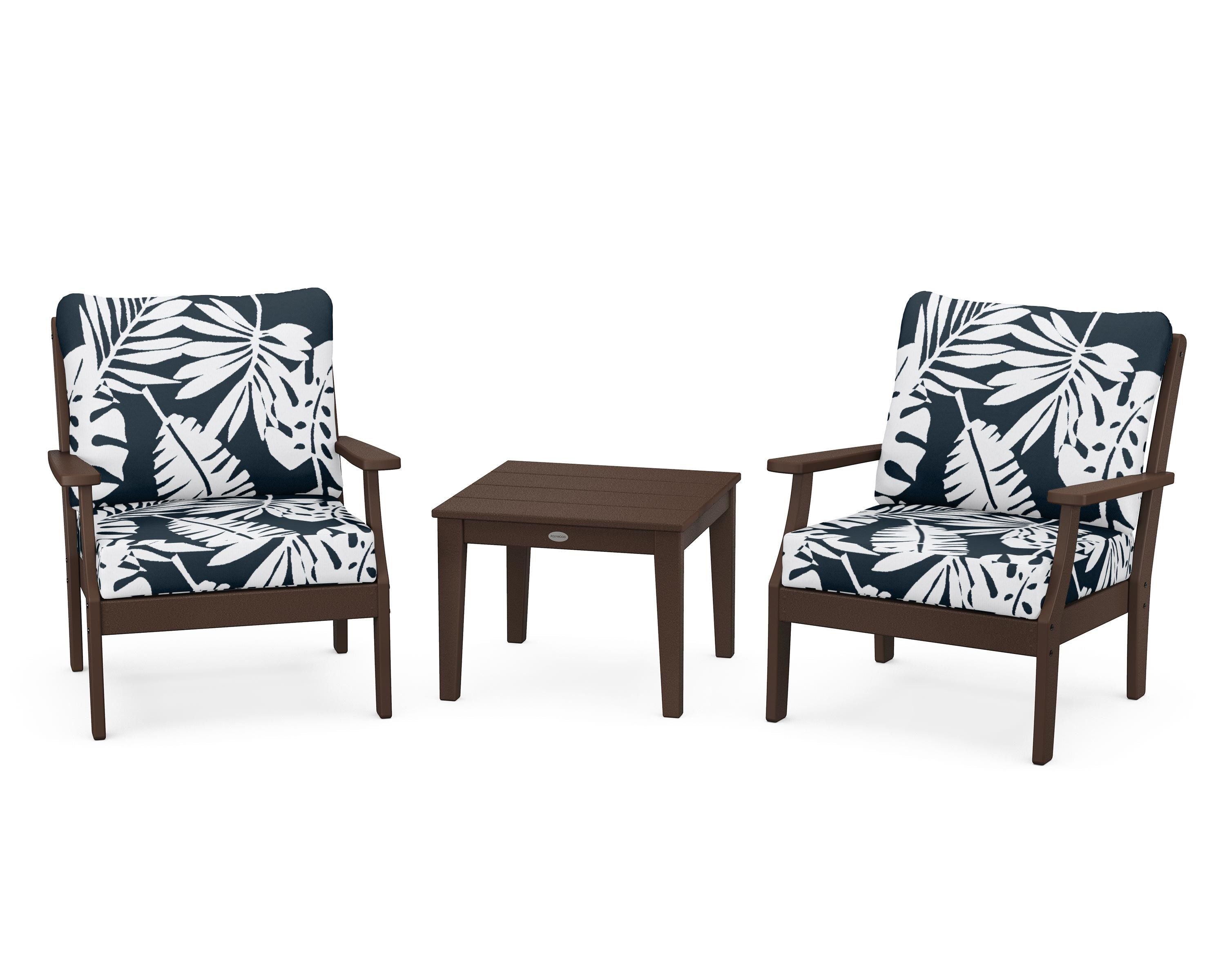 POLYWOOD® Braxton 3-Piece Deep Seating Set in Mahogany / Leaf Marine Indigo