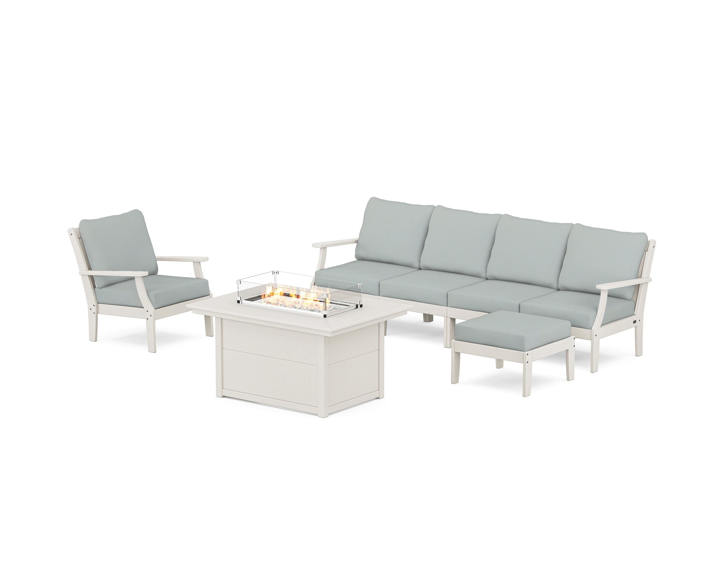 POLYWOOD® Braxton Sectional Lounge and Fire Pit Set in Sand / Spa