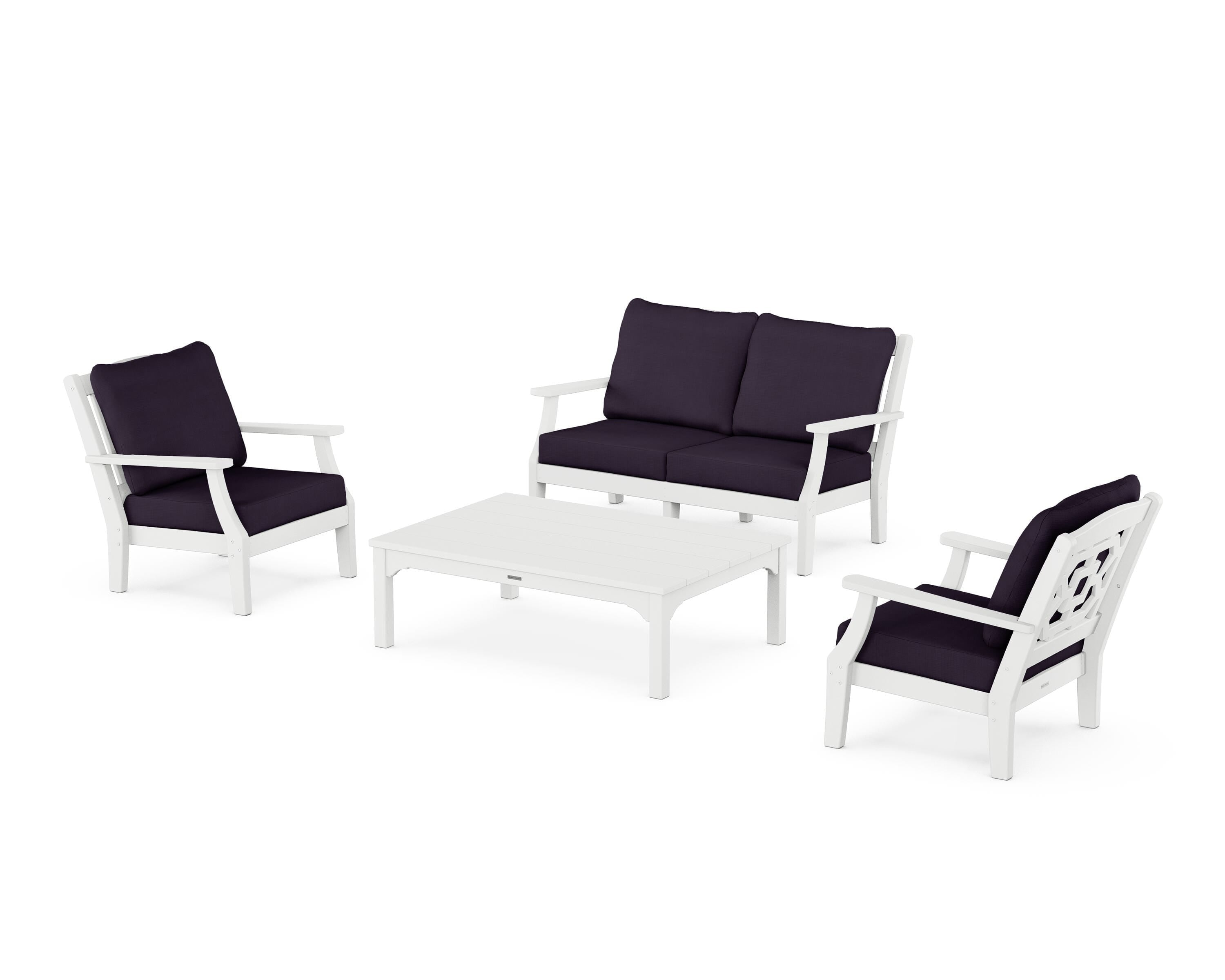 Martha Stewart by POLYWOOD® Chinoiserie 4-Piece Deep Seating Set with Loveseat in White / Navy Linen