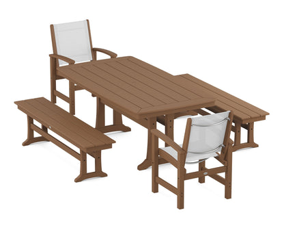 POLYWOOD® Coastal 5-Piece Dining Set with Trestle Legs and Benches in Teak / White Sling