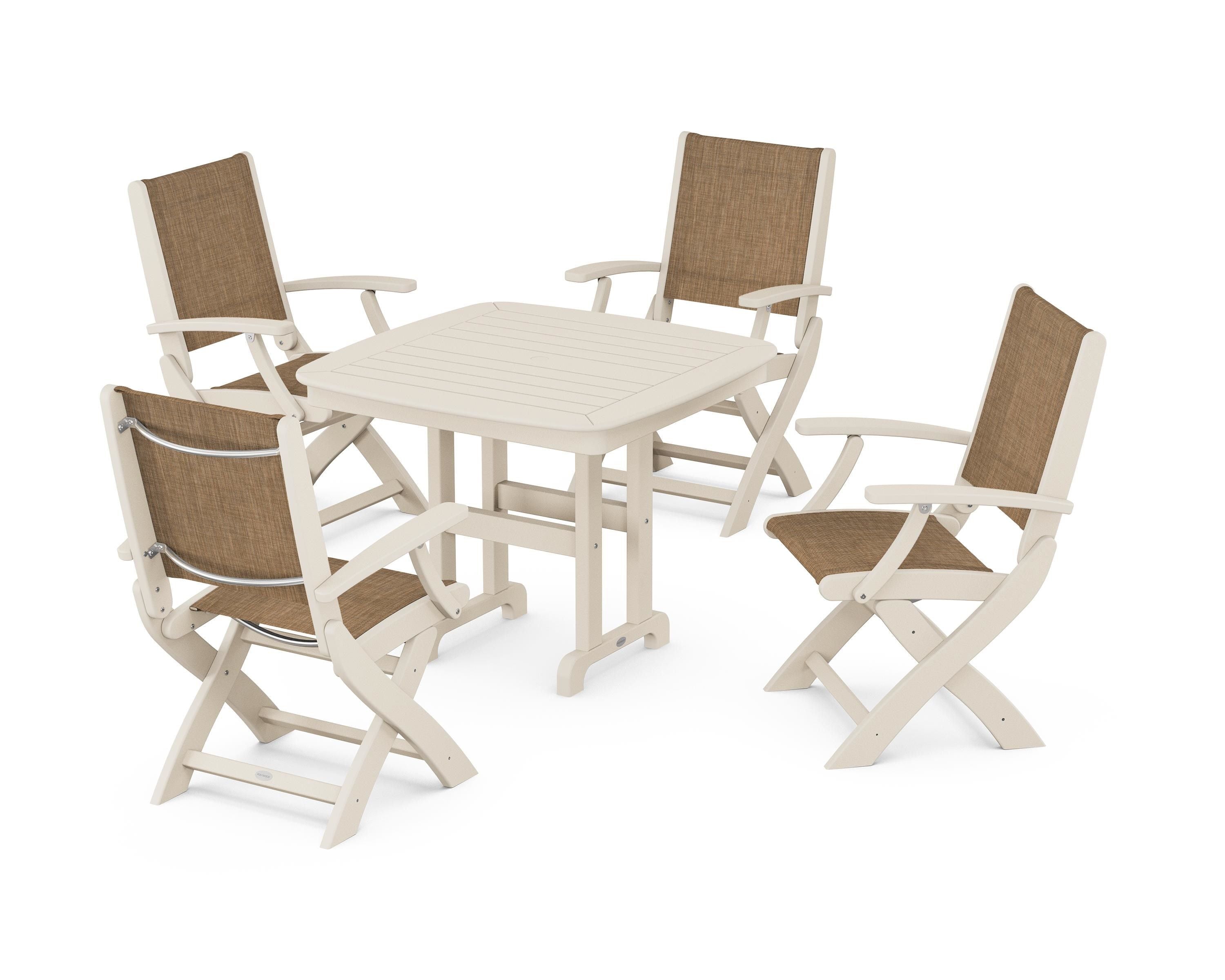 POLYWOOD® Coastal Folding Chair 5-Piece Dining Set in Sand / Burlap Sling