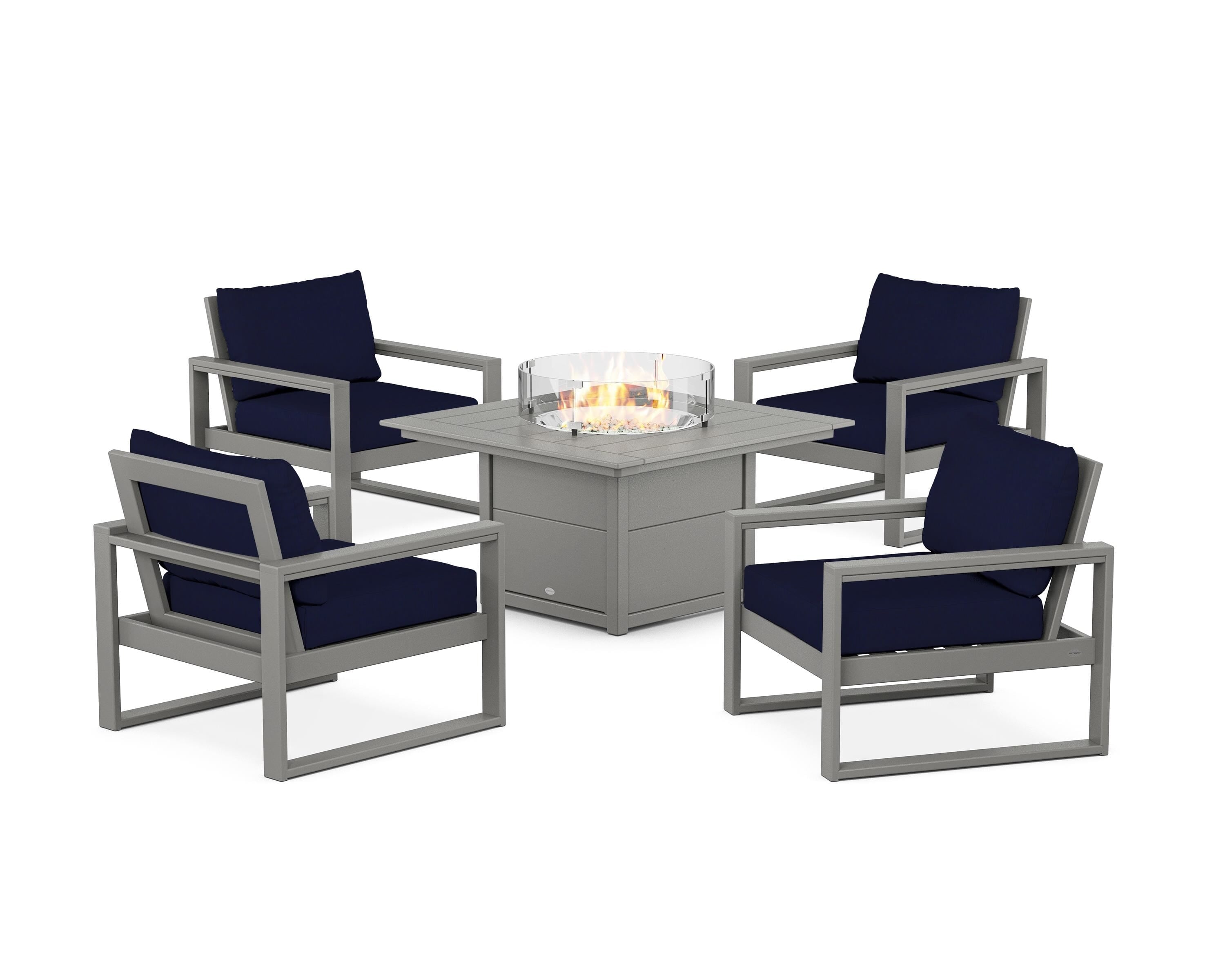 POLYWOOD® EDGE Sectional 5-Piece Deep Seating Set with Fire Pit Table in Slate Grey / Navy