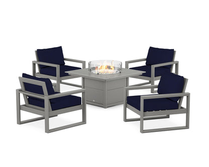 POLYWOOD® EDGE Sectional 5-Piece Deep Seating Set with Fire Pit Table in Slate Grey / Navy