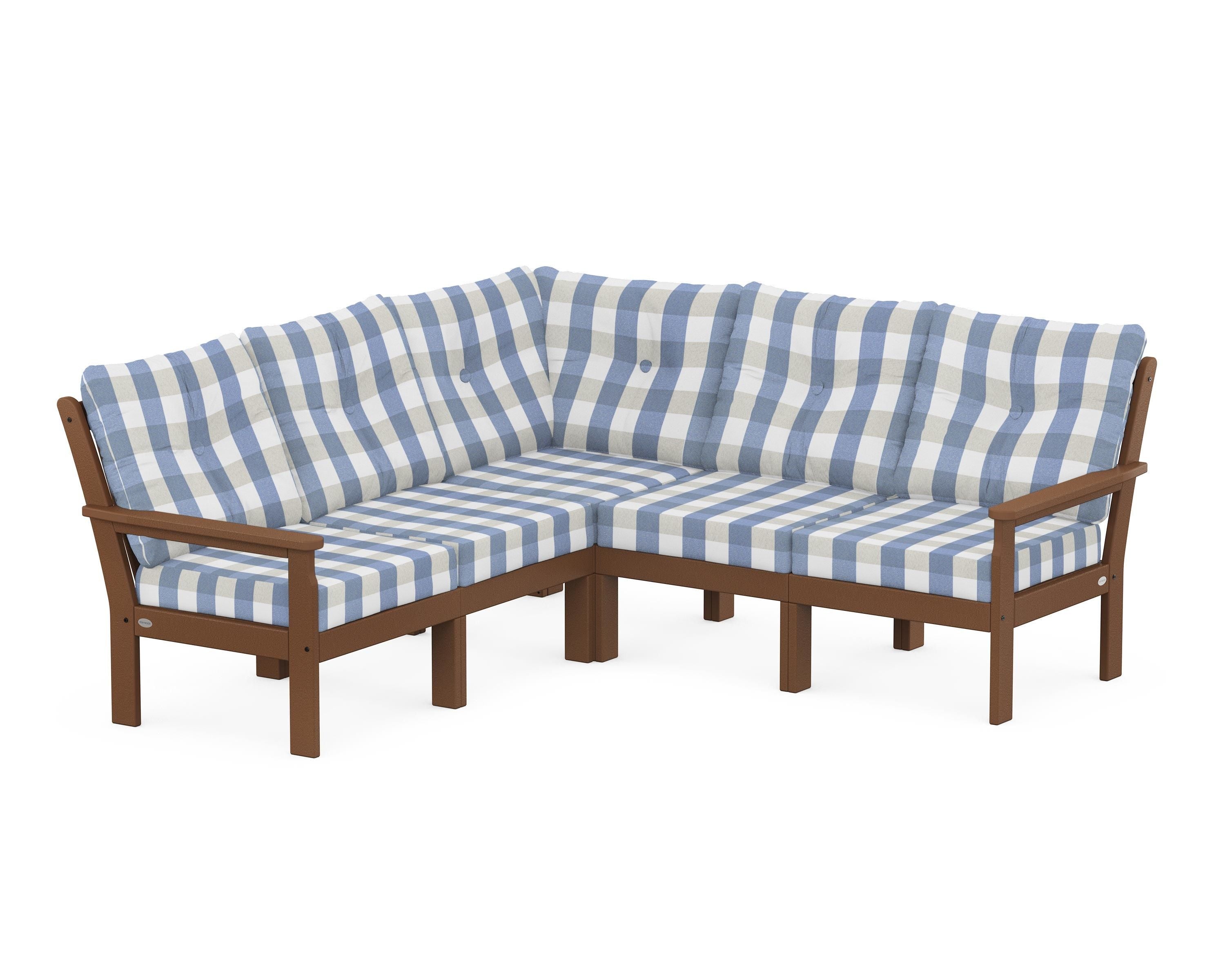 POLYWOOD® Vineyard 5-Piece Sectional in Teak / Buffalo Plaid Sky Blue