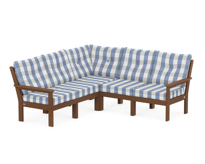 POLYWOOD® Vineyard 5-Piece Sectional in Teak / Buffalo Plaid Sky Blue