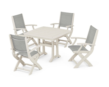 POLYWOOD® Coastal Folding Chair 5-Piece Dining Set with Trestle Legs in Sand / Metallic Sling