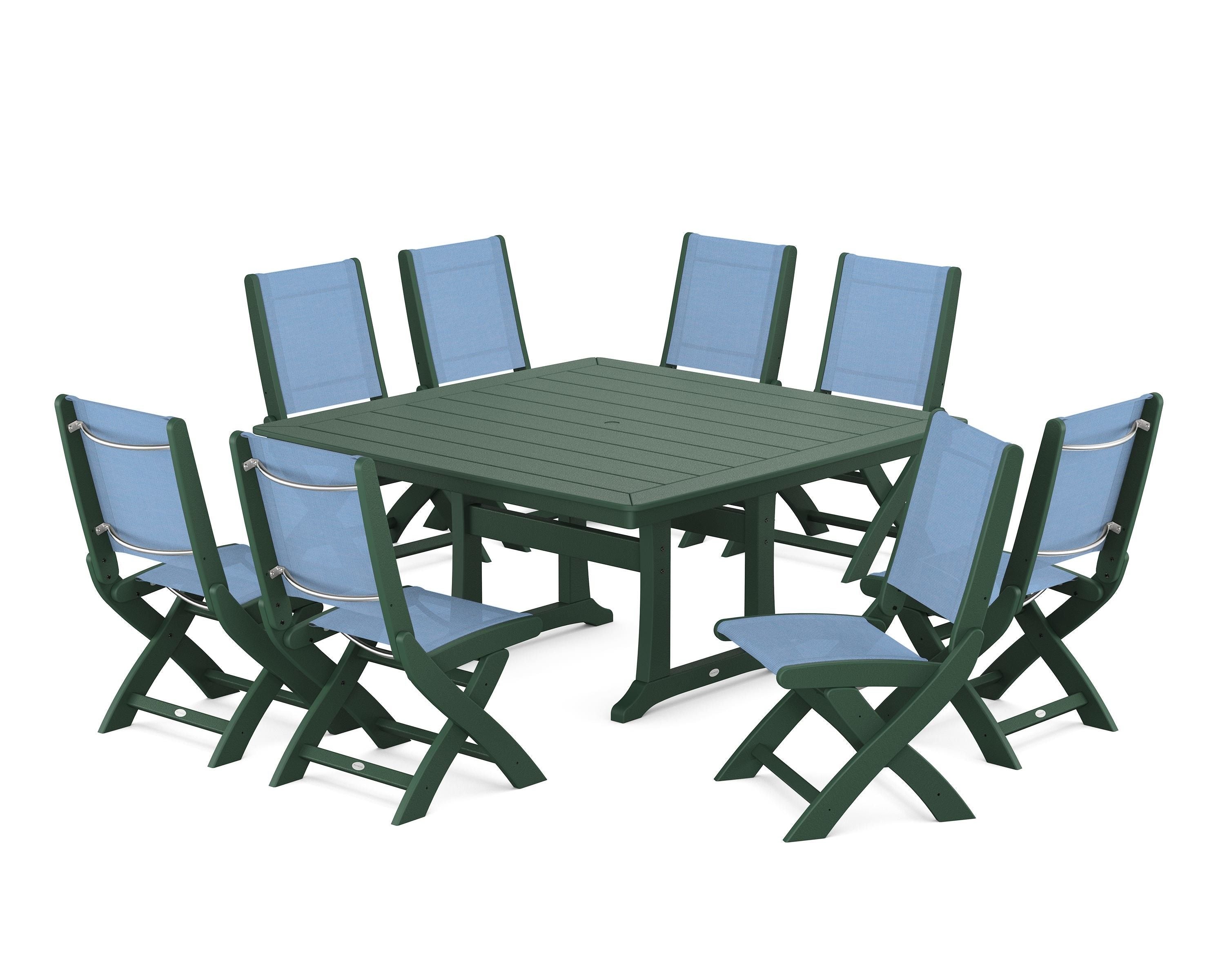 POLYWOOD® Coastal Folding Side Chair 9-Piece Dining Set with Trestle Legs in Green / Poolside Sling