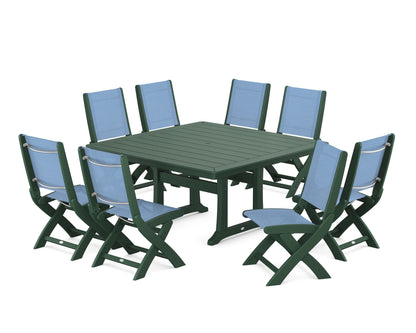 POLYWOOD® Coastal Folding Side Chair 9-Piece Dining Set with Trestle Legs in Green / Poolside Sling