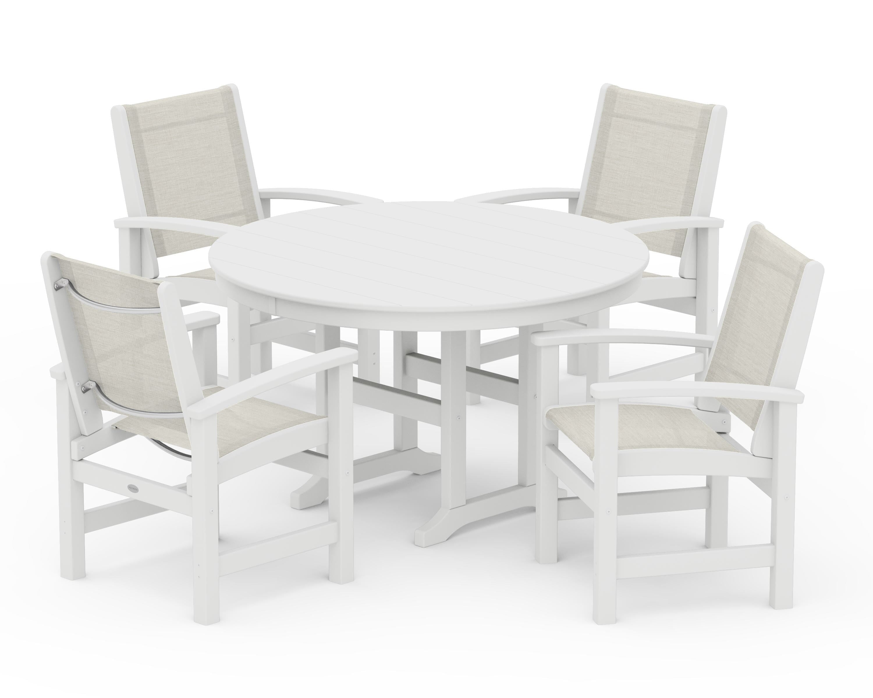 POLYWOOD® Coastal 5-Piece Round Farmhouse Dining Set in White / Parchment Sling