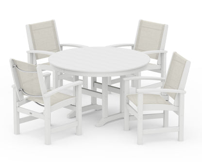 POLYWOOD® Coastal 5-Piece Round Farmhouse Dining Set in White / Parchment Sling