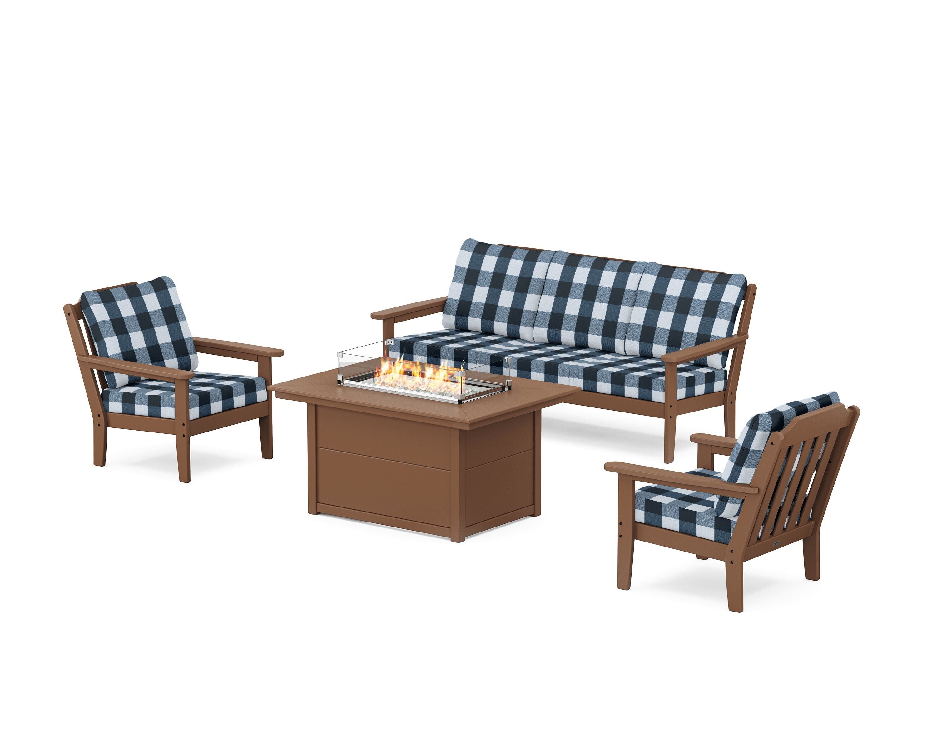 Country Living Cottage Deep Seating Fire Pit Table Set in Teak / Buffalo Plaid Marine Indigo