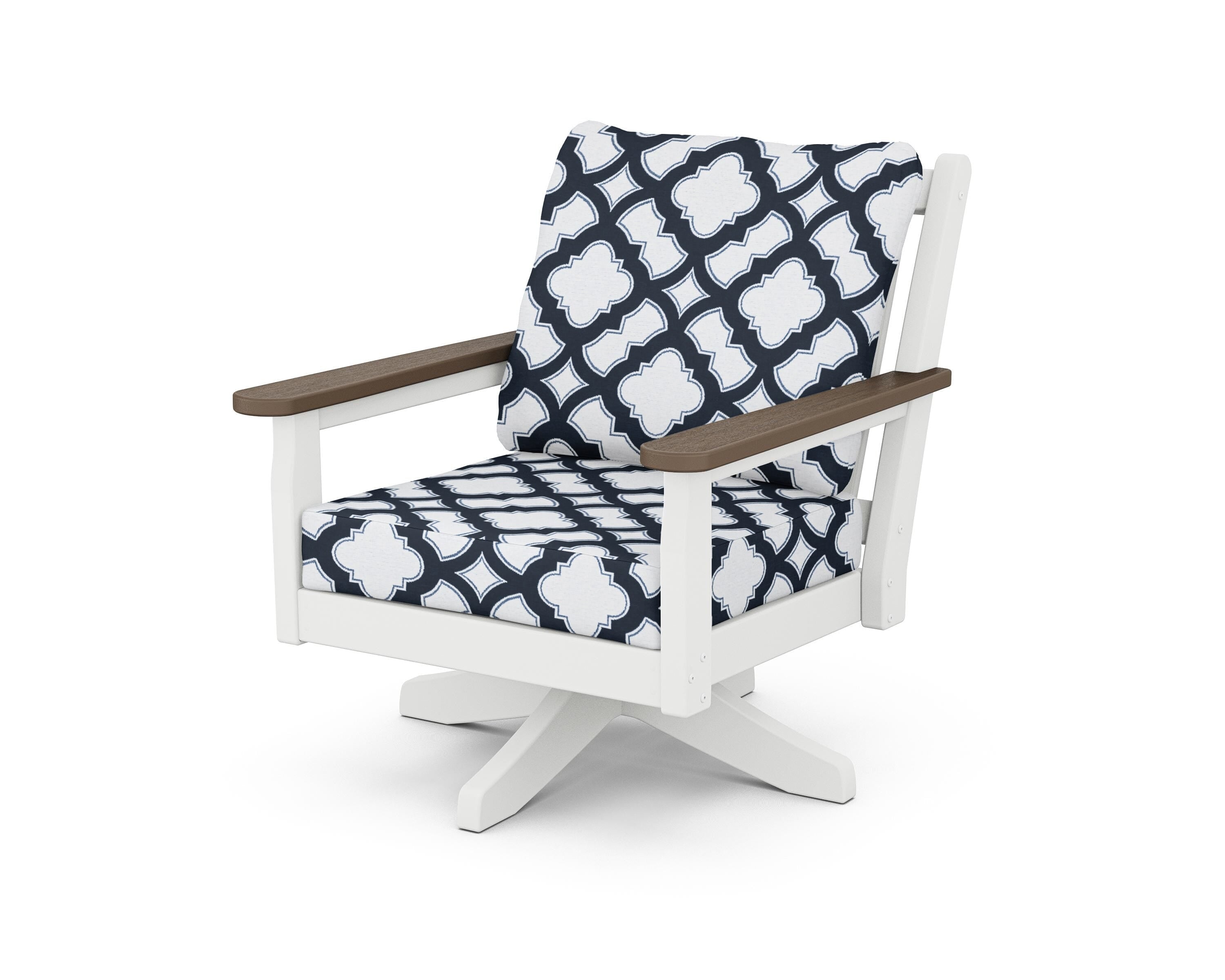 POLYWOOD® Chippendale Deep Seating Swivel Chair in White / Kona / Trellis Marine Indigo