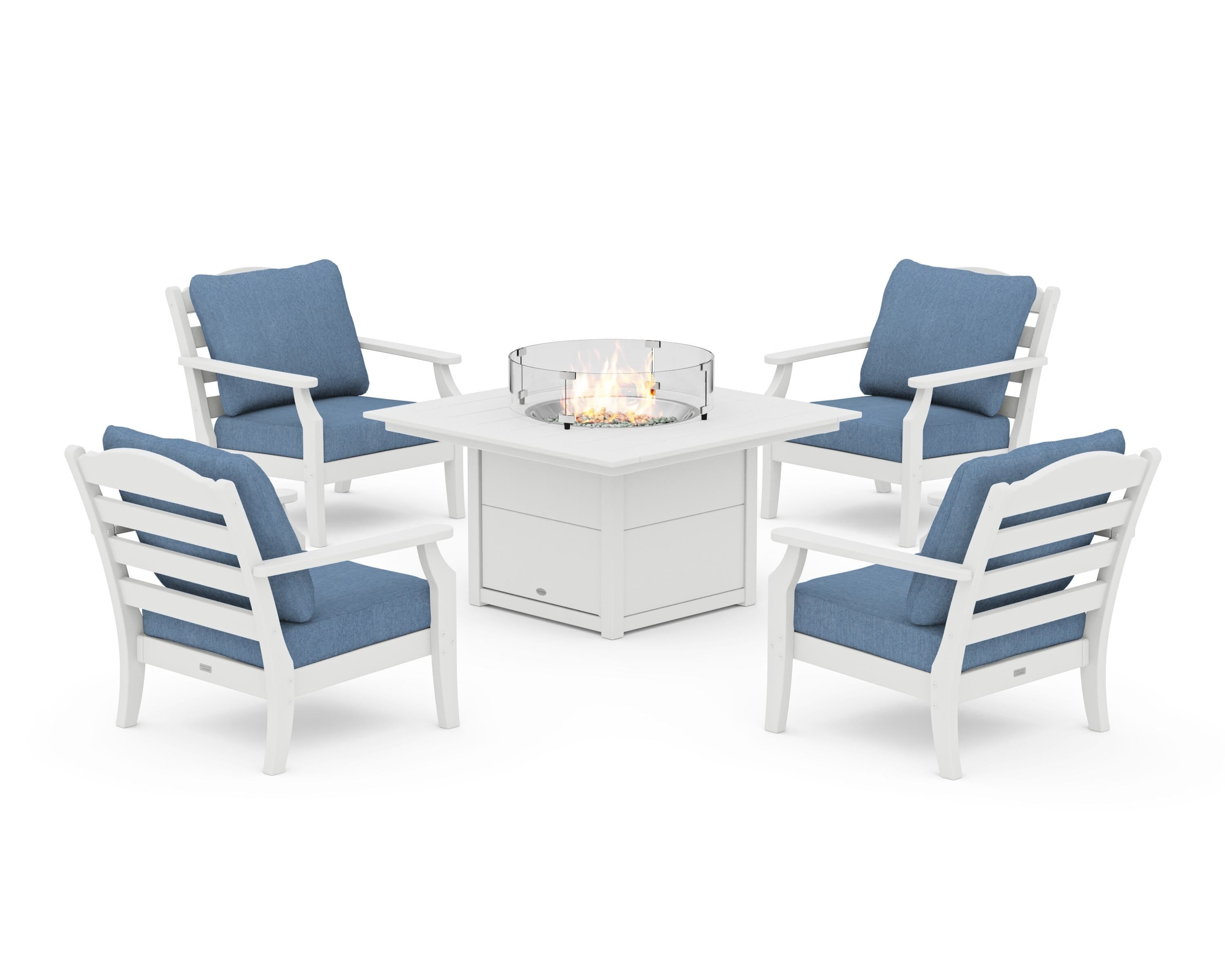 Draper James™ by  POLYWOOD® Savannah 5-Piece Deep Seating Set with Fire Pit Table in White / Sky Blue