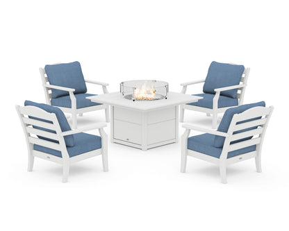 Draper James™ by  POLYWOOD® Savannah 5-Piece Deep Seating Set with Fire Pit Table in White / Sky Blue